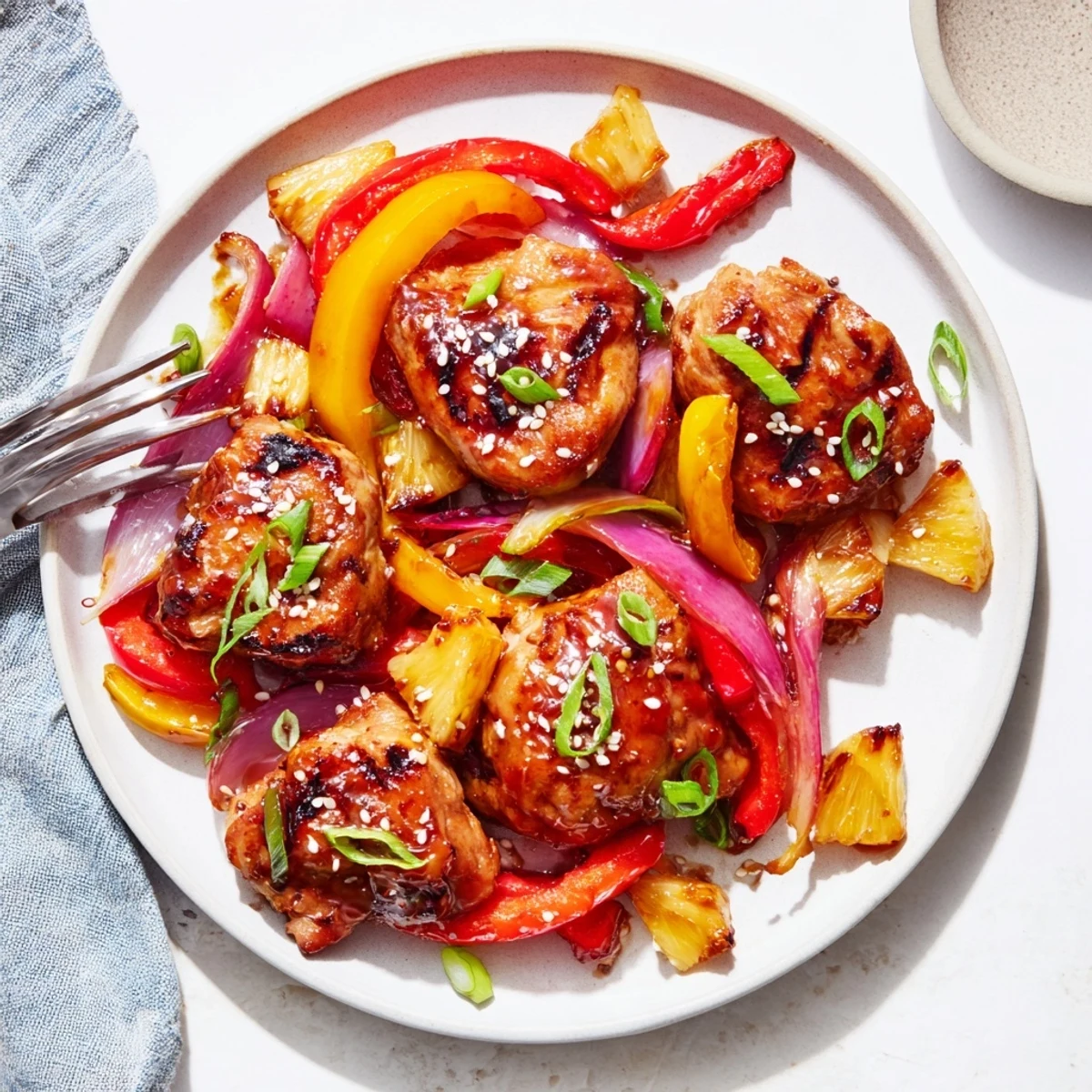 Golden Hawaiian chicken with caramelized pineapple and tender bell peppers in a sticky glaze