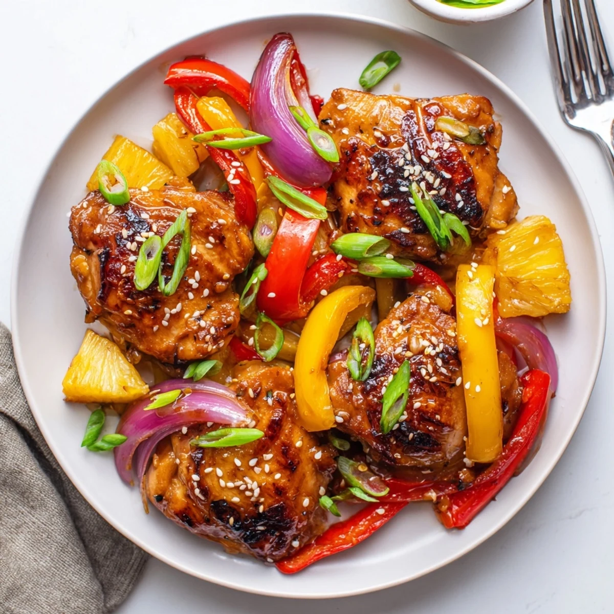 Juicy Hawaiian chicken thighs draped in glossy sweet tangy sauce beside vibrant stir fried peppers