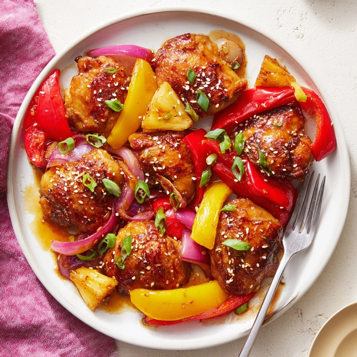Sizzling Hawaiian chicken skillet with charred pineapple chunks colorful onions and a thick savory glaze