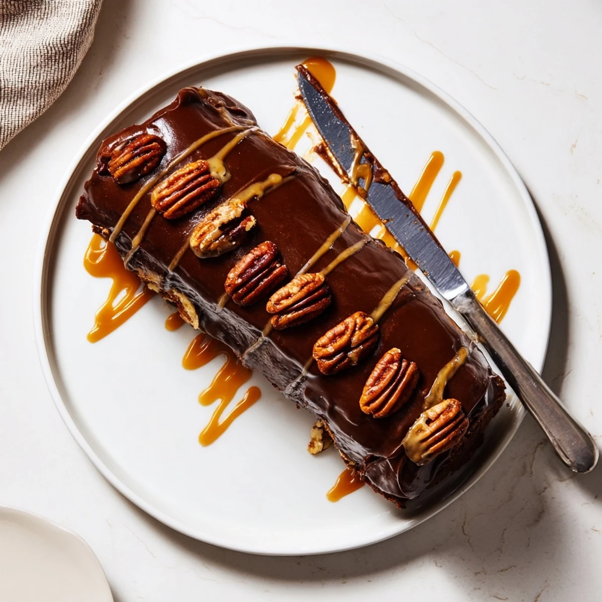 Gooey Chocolate Caramel Turtle Cake Roll sliced with rich ganache dripping over tender chocolate sponge
