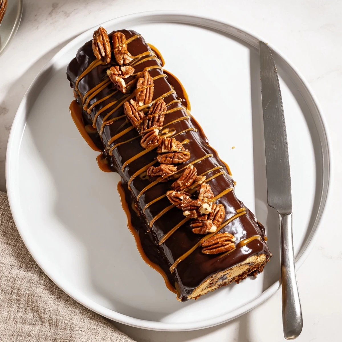 Gooey Chocolate Caramel Turtle Cake Roll served on a white platter revealing a swirled fudgy filling