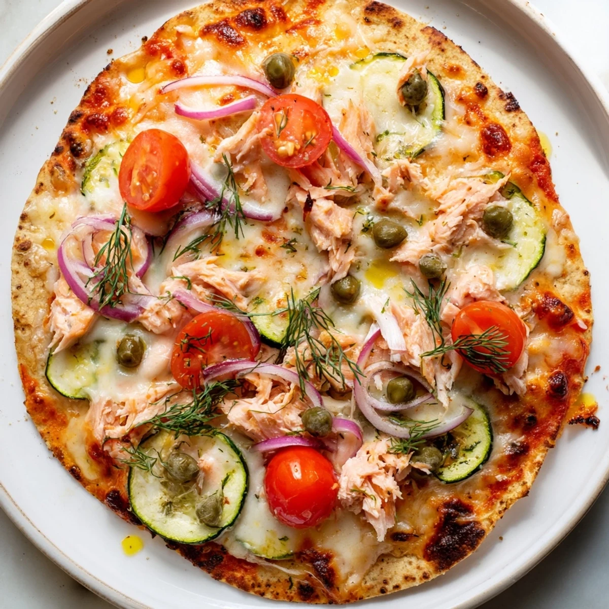 Crispy leftover salmon tortilla pizza with melted mozzarella, fresh dill, and vibrant cherry tomatoes on a golden crust