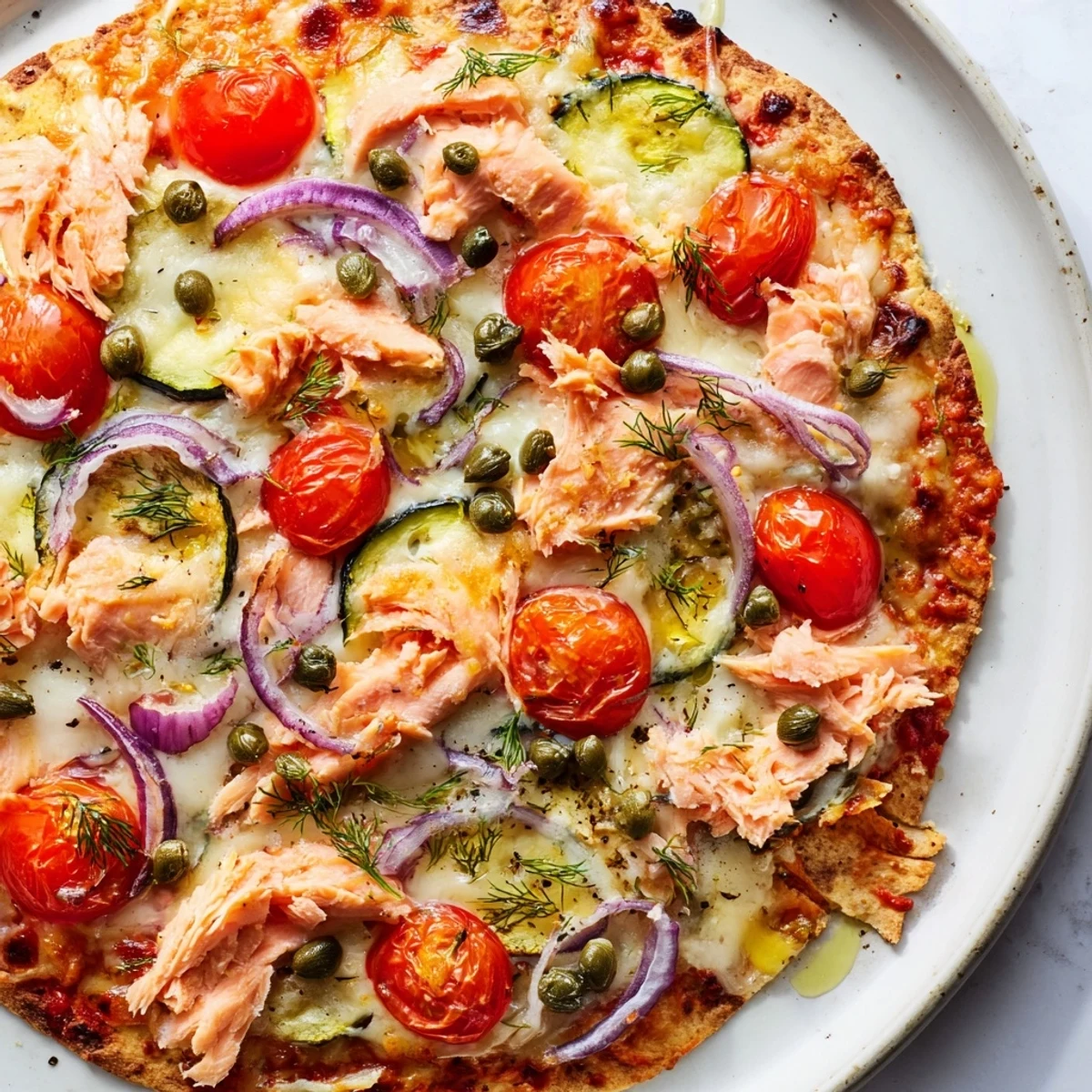 Golden baked leftover salmon tortilla pizza topped with capers, red onion, and bubbling cheese straight from the oven