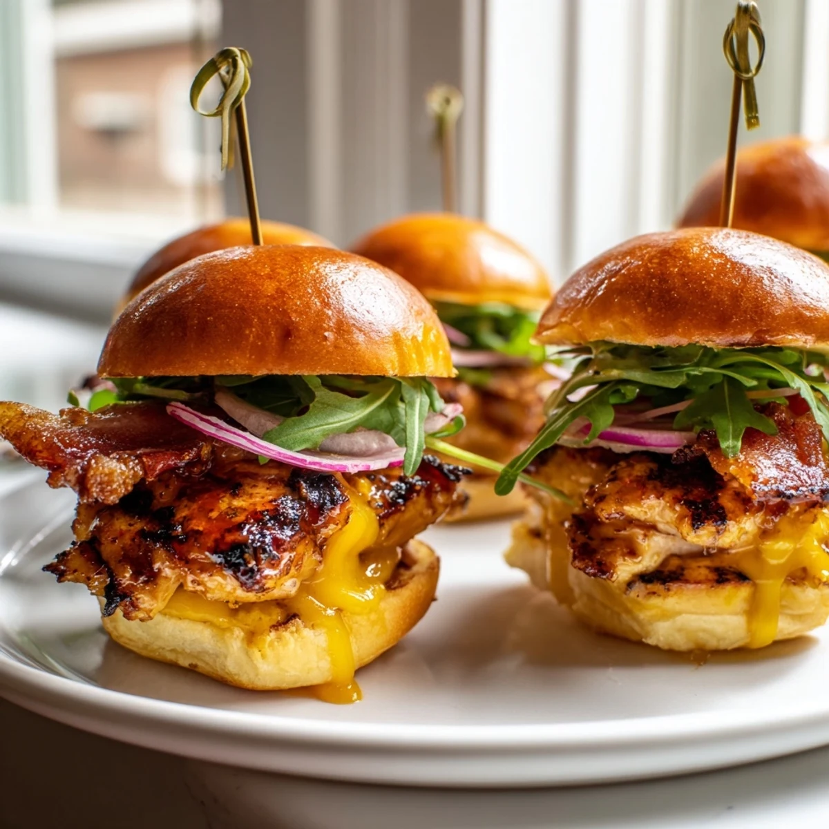 Golden maple chicken bacon sliders with melted cheddar on toasted brioche buns