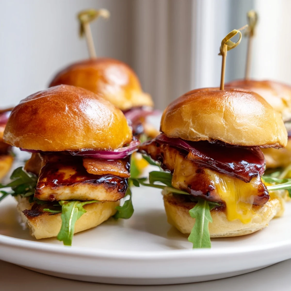 Crispy bacon and juicy chicken glazed in maple syrup atop mini sliders stacked with gooey cheese and fresh arugula