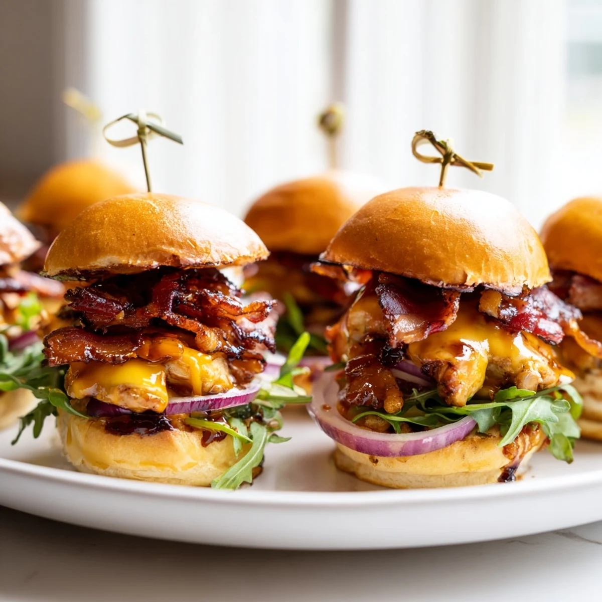 Warm maple chicken bacon sliders piled high with smoky gouda caramelized onion and buttery toasted buns