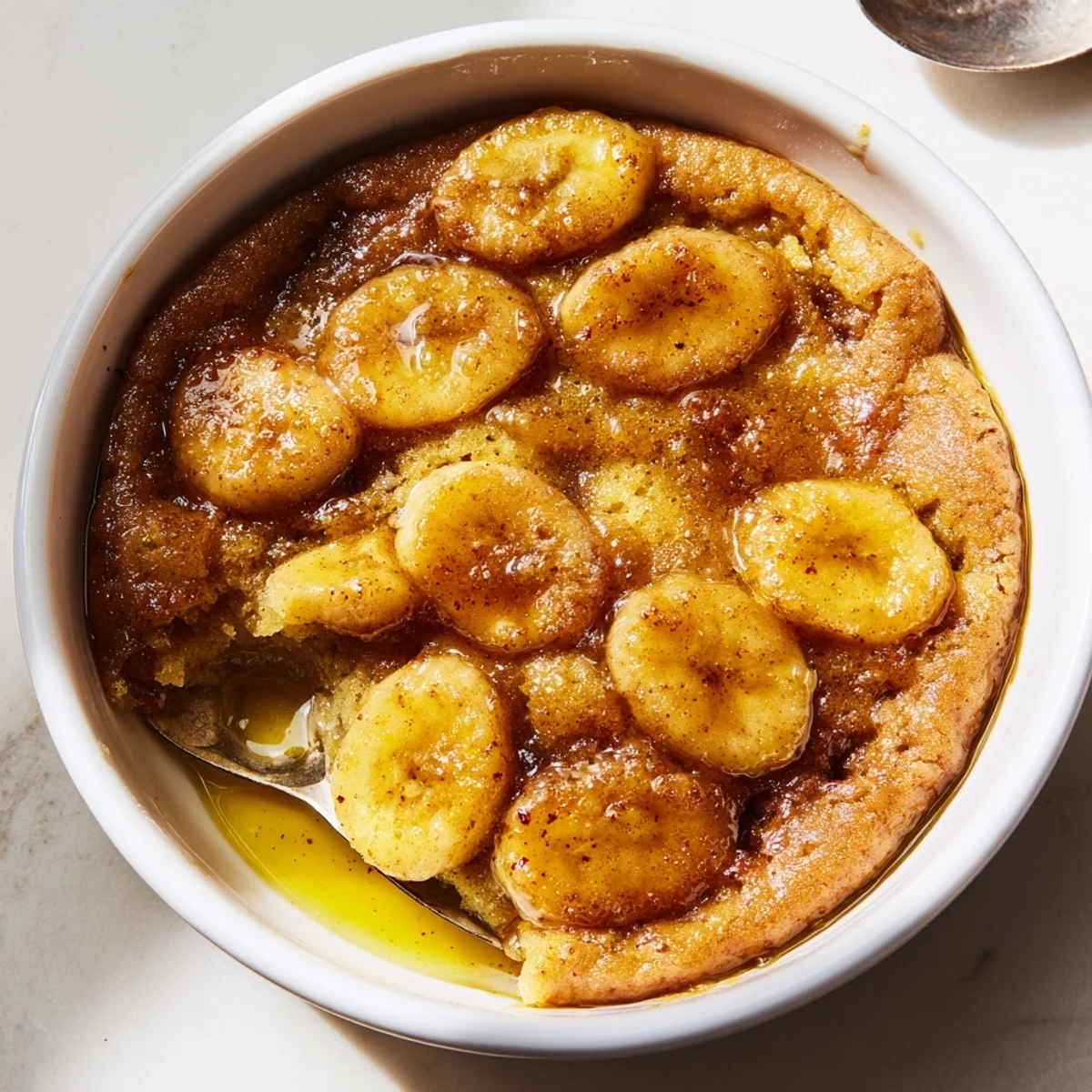 Warm Southern banana cobbler served in a rustic baking dish with whipped cream
