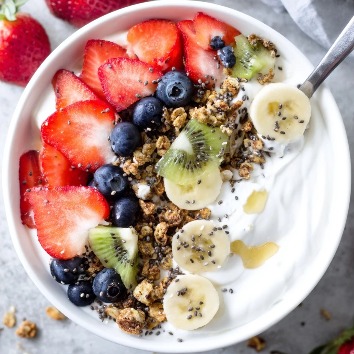 Creamy yogurt fruit bowl topped with fresh strawberries, blueberries, and crunchy granola