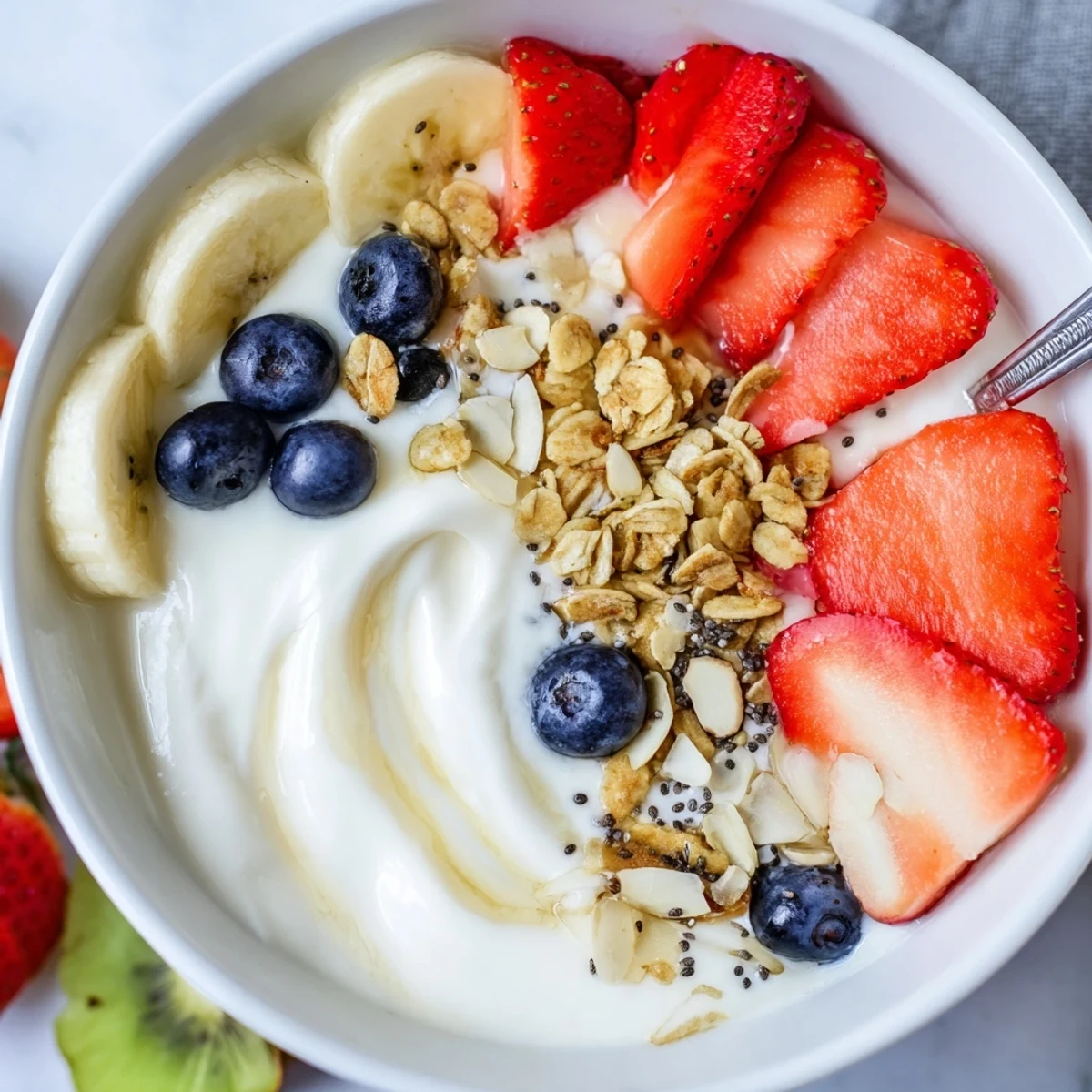 Colorful yogurt fruit bowl sprinkled with chia seeds, chopped nuts, and ripe berries