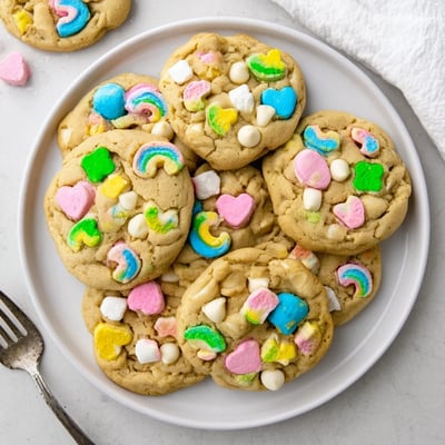 Soft chewy Lucky Charms cookie studded with rainbow marshmallows and white chocolate chips