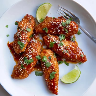 Golden Thai Sticky Chicken Fingers piled on a platter with fresh lime wedges nearby