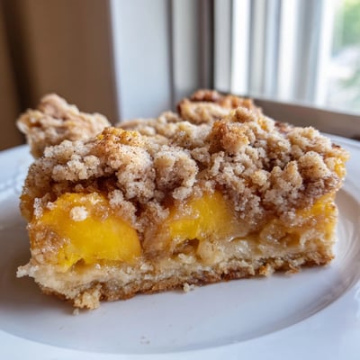 Sweet and buttery peach bars with cinnamon streusel dusted with powdered sugar