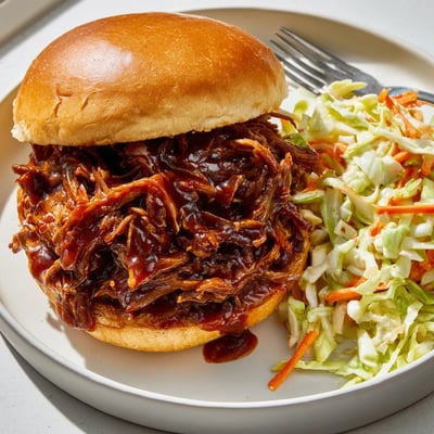 Tender Slow Cooker BBQ Pulled Beef glistening with tangy sweet smoky barbecue sauce