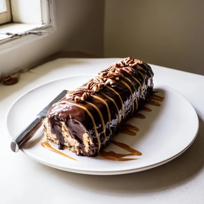 Gooey Chocolate Caramel Turtle Cake Roll topped with crunchy pecan halves and golden caramel drizzle