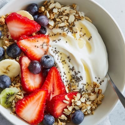 Vibrant yogurt fruit bowl featuring sliced banana, kiwi, and a drizzle of honey
